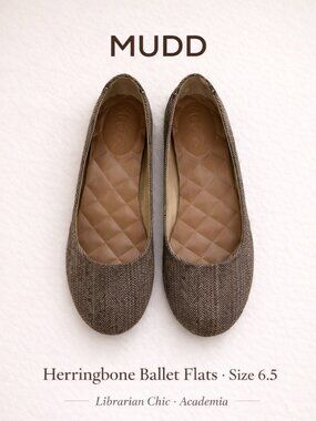 Mudd Herringbone Tweed Ballet Flats Brown Quilted Insole Size 6.5